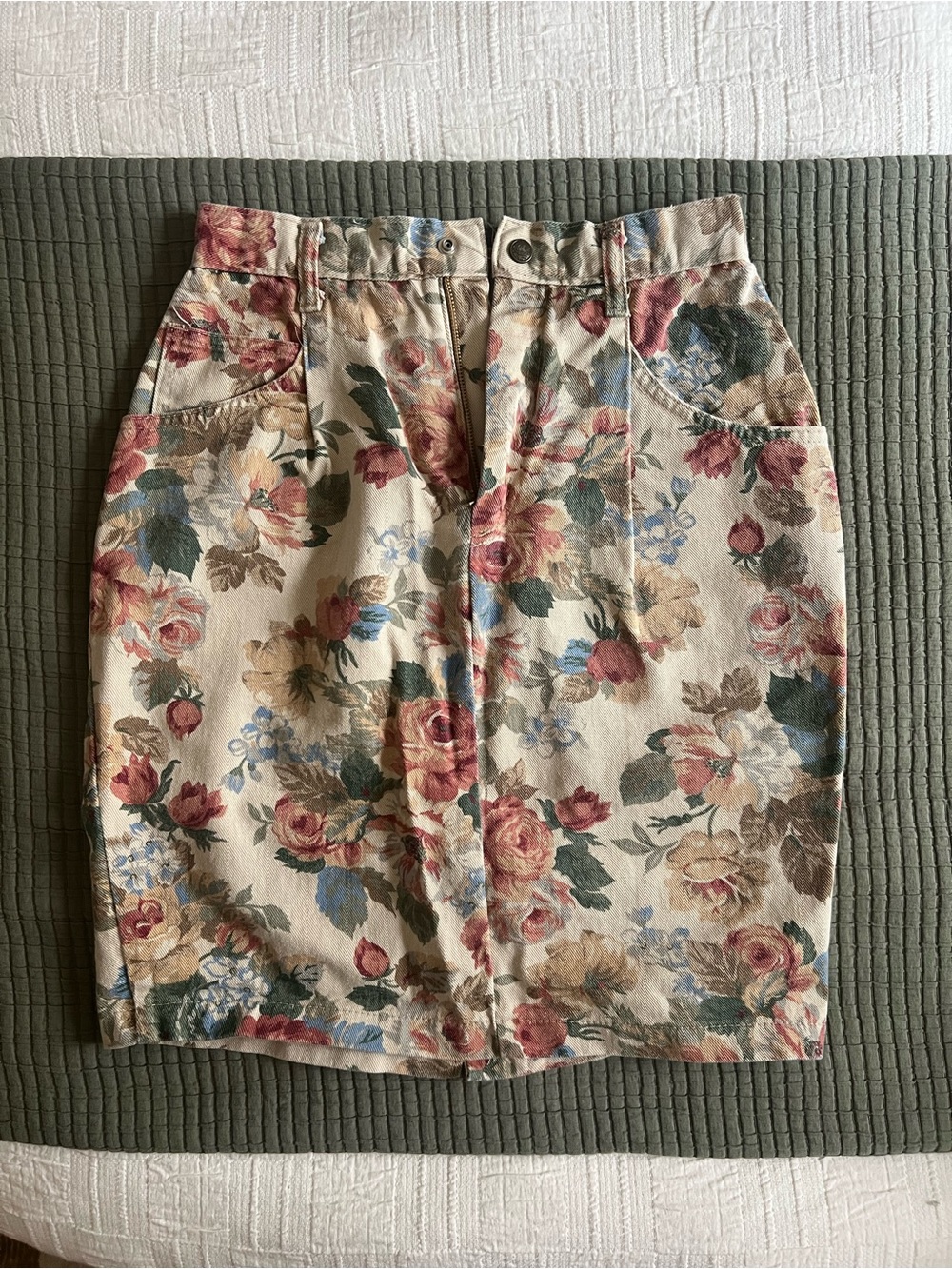 Floral Tapestry Print Denim Pencil Skirt French Navy
